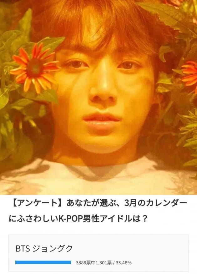 방탄소년단 정국, 日설문조사서 '3월 캘린더로 하고 싶은 K-팝 남자 아이돌' 1위 선정