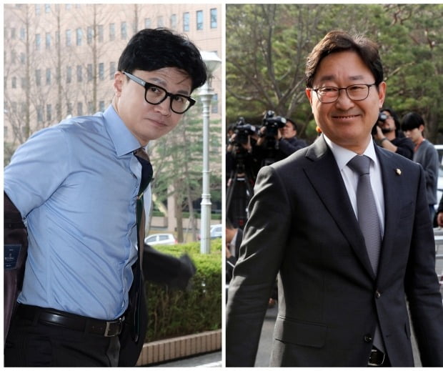 23일 정부과천청사 법무부로 출근하는 한동훈 장관(왼쪽 사진)과 헌법재판소에서 열린 검수완박(검찰 수사권 완전 박탈) 입법에 대한 권한쟁의심판 선고를 마친 뒤 대심판정을 나서고 있는 박범계 더불어민주당 의원. 사진=연합뉴스