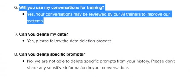 오픈AI의 챗GPT 도움말 중 일부. 이용자의 대화를 AI 모델 학습에 쓸 수 있다고 명시했다.