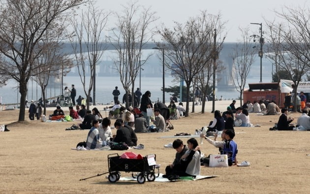 지난달 19일 서울 여의도 한강공원을 찾은 시민들이 돗자리를 깔고 앉아있다./ 뉴스1