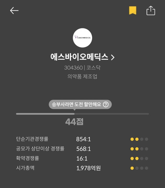 [마켓PRO]청약할까말까: 에스바이오메딕스, 투자지수 44점 