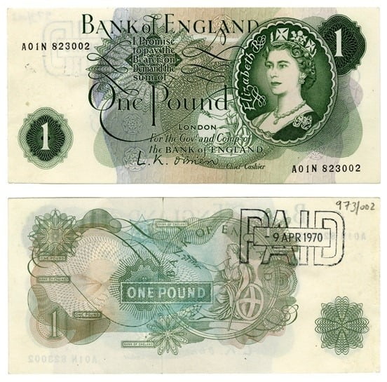 1960년 3월 17일에 발행한 1파운드 지폐./사진=영국은행 홈페이지 캡처