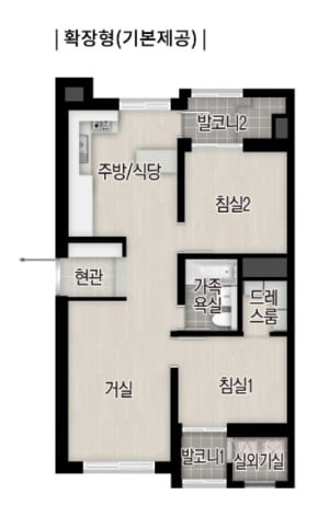 광명자이더샵포레나 전용 49㎡B형 평면. 계단식 구조에 방2개, 거실, 주방 등을 갖추고 있다. /자료=GS건설
