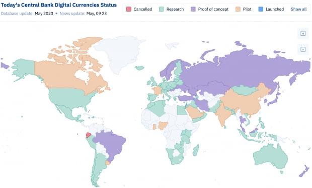 각국 중앙은행의 CBDC 개발 현황 / 사진=CBDC 트래커