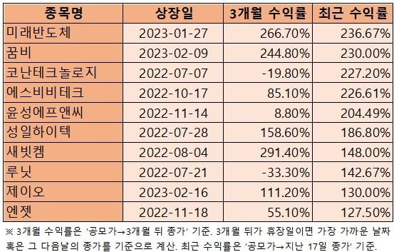 상장일부터 이달 17일까지 주가가 많이 오른 신규 상장주 10개