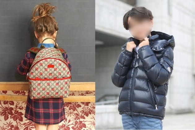 어린이용 구찌 가방을 착용한 모델(왼쪽), 몽클레어 키즈의 패딩을 입은 모델(오른쪽). /사진 출처=각 사