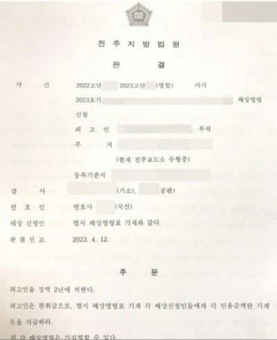 피해자가 공개한 '중고 거래' 사기 사건 관련 판결문. /사진=온라인 커뮤니티 캡처