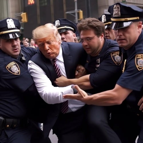 지난 3월 도널드 트럼프 전 미국 대통령이 경찰에 연행되는 사진이 유포됐다. 이는 인공지능(AI) 기술을 이용해 만들어진 가짜 이미지다. (사진: 엘리엇 히긴스 트위터)