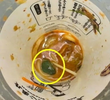 컵 우동 제품에서 발견된 개구리의 모습. /사진=트위터 계정 kaito09061 캡처