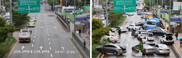 [포토] 도로침수에 따른 교통통제 중…'진입금지'