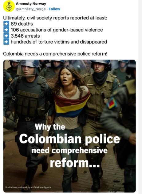 국제앰네스티, '콜롬비아 시위 진압' AI 사진 게재 논란