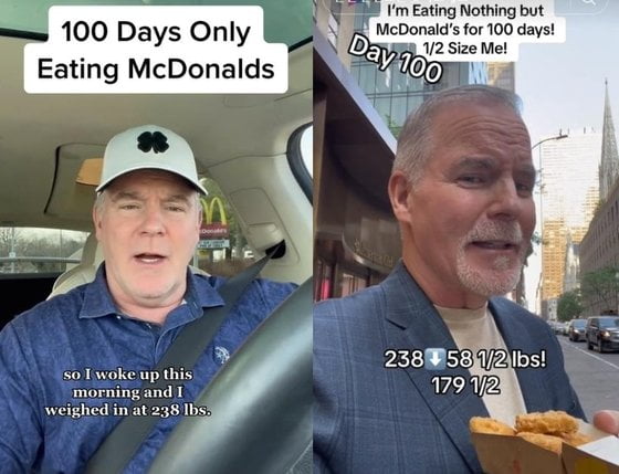 100일간 맥도날드 음식만 먹어 체중을 감량한 케빈 맥기니스. / 사진=틱톡