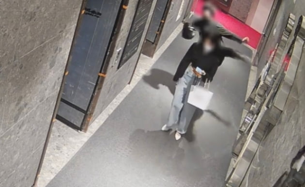 사진은 지난해 5월22일 부산 부산진구 한 오피스텔 1층 복도에서 가해 남성(뒤쪽)이 피해자를 발로 가격하는 모습이 CCTV. /사진=피해자 측 변호사 제공