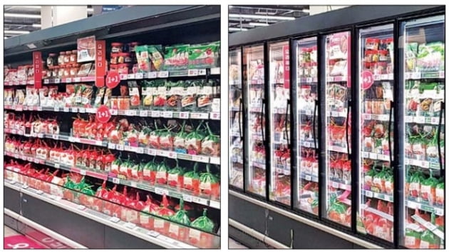 롯데마트 김포공항점 냉장고에 문이 달리기 전(왼쪽)과 후 모습. 롯데마트는 ‘냉장고 문 달기’로 전력 사용량을 평균 52% 절감했다. 롯데마트 제공