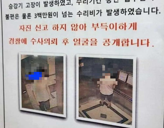 엘리베이터에서 소변을 본 남성의 모습이 담긴 CCTV 모습이 담긴 전단지./사진=보배드림 