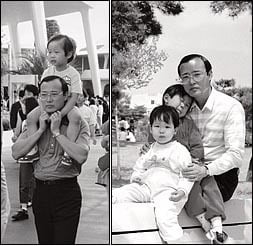 1987년 김승연 회장이 첫째 아들(김동관)과 일본 여행을 갔다(왼쪽). 1988년 김승연 회장이 첫째, 둘째 아들(김동원)과 어린이날을 즐기고 있다.(오른쪽).
