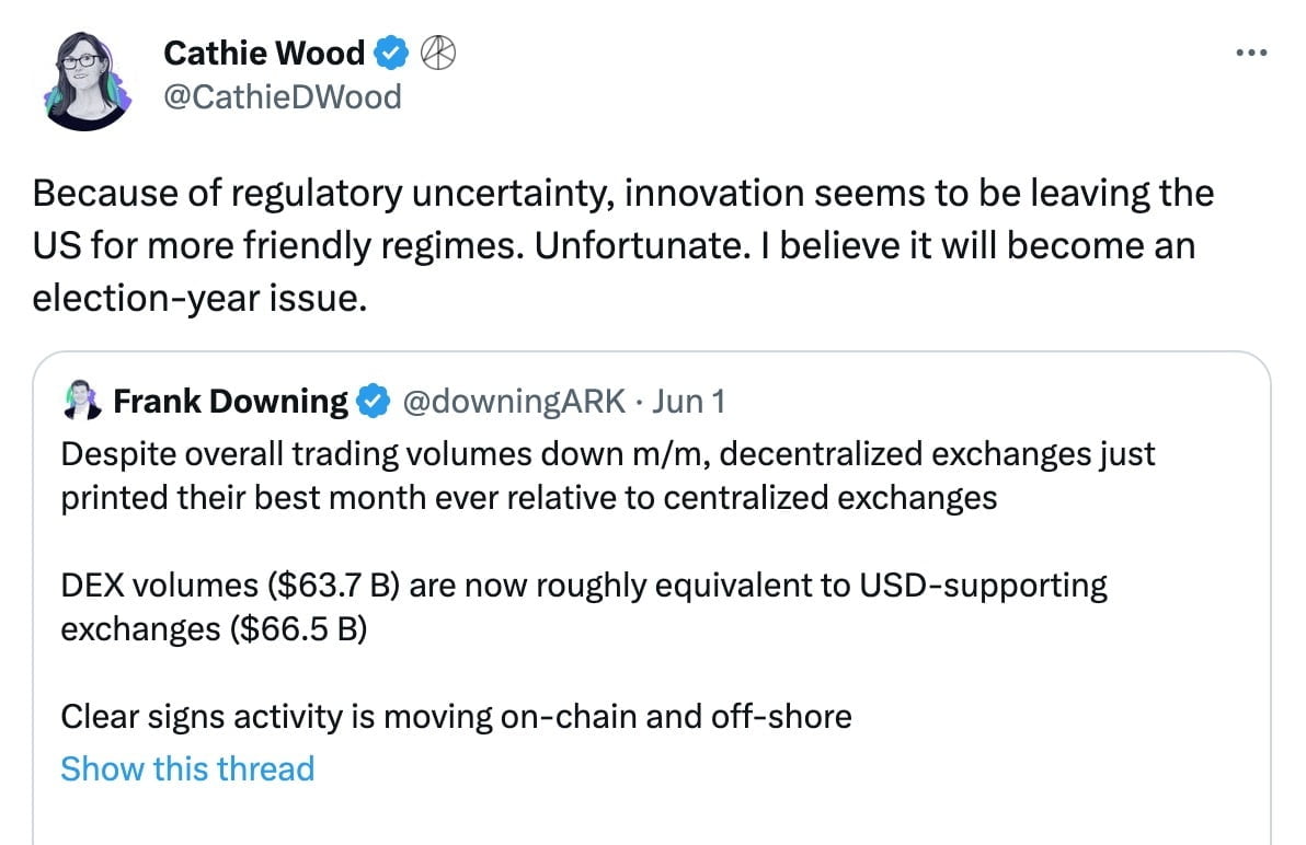 캐시 우드 "가상자산 규제 불확실성, 혁신이 미국을 떠나고 있다"