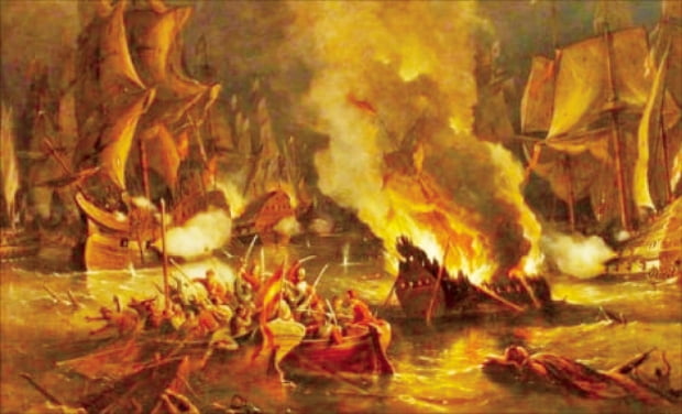 영국과 에스파냐가 맞붙은 1588년 칼레 해전. 이때 영국 지휘관도 드레이크였다. 영국의 해군 제독이자 화가인 리처드 비치의 그림.
 