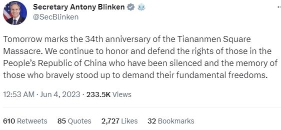 美국무장관 "톈안먼 학살 34주년, 자유위해 나선 중국인들 옹호"