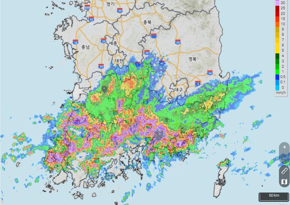 전북 시간당 최대 50㎜ 폭우…순창에 호우경보(종합)