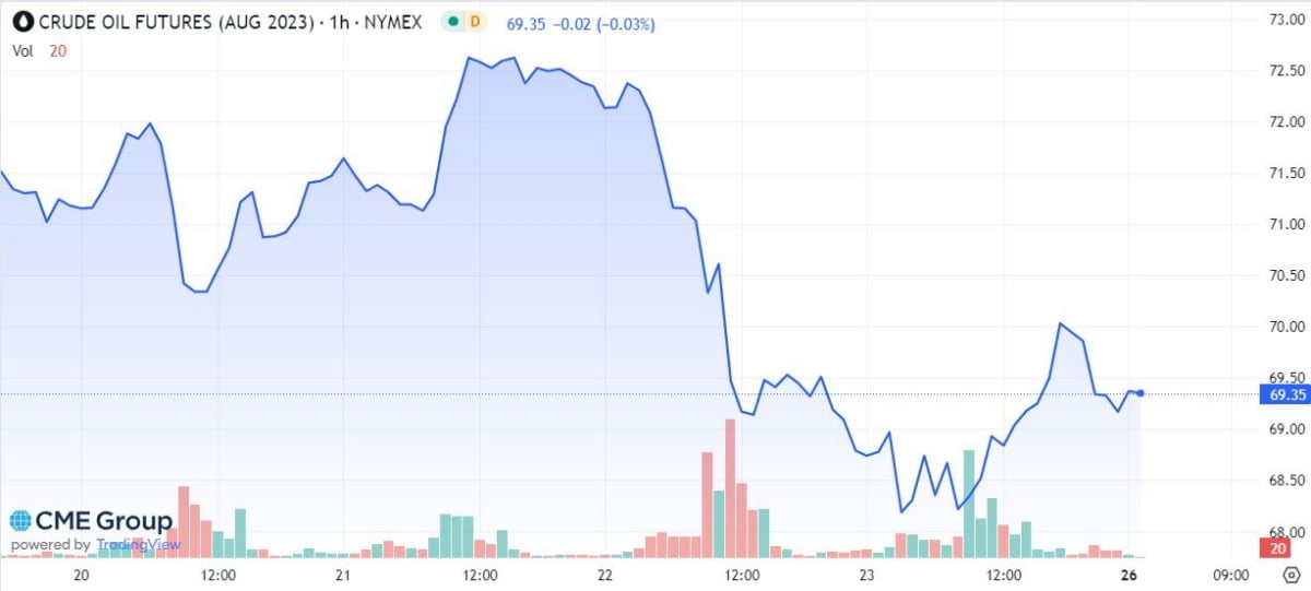 (바그너 반란 이후 배럴당 70달러선에 오른 뒤 상승분을 반납한 WTI /NYMEX)