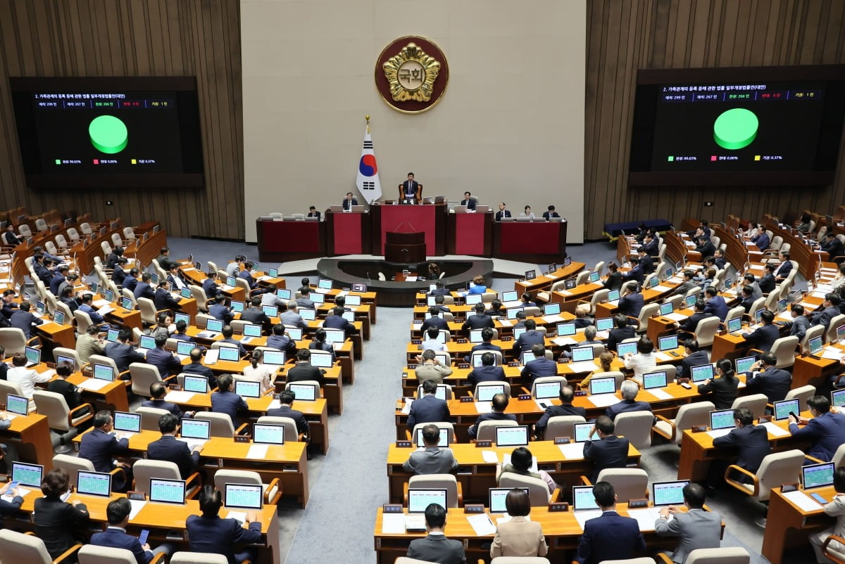  30일 오후 국회 본회의에서 '출생통보제' 도입을 등을 위한 '가족관계 등록 등에 관한 법률 개정안'이 통과되고 있다. 사진=연합뉴스