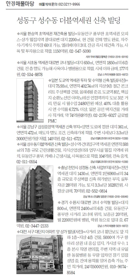 [한경 매물마당] 성동구 성수동 더블역세권 신축 빌딩 등 8건