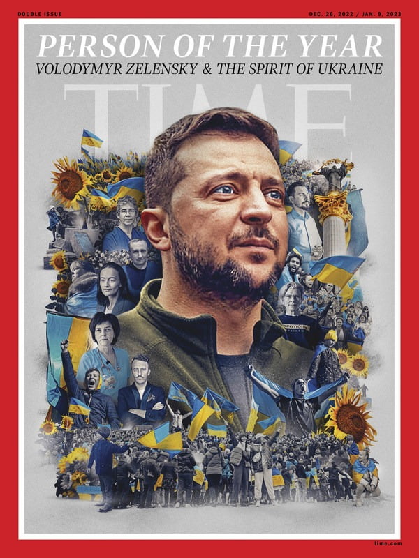 젤렌스키 대통령과 우크라이나인을 2022년 '올해의 인물'로 선정한 타임즈 표지