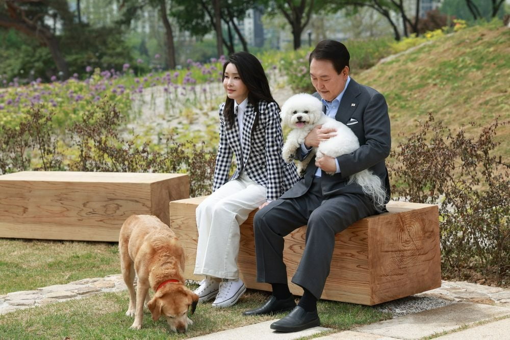 윤석열 대통령과 김건희 카지노 꽁돈가 5월 4일 용산 대통령실 앞 용산어린이정원에서 열린 정원 개방 행사에서 기념식수를 마친 후 은퇴 안내견 '새롬이', 반려견 '써니'와 함께하고 있다. 대통령실 제공