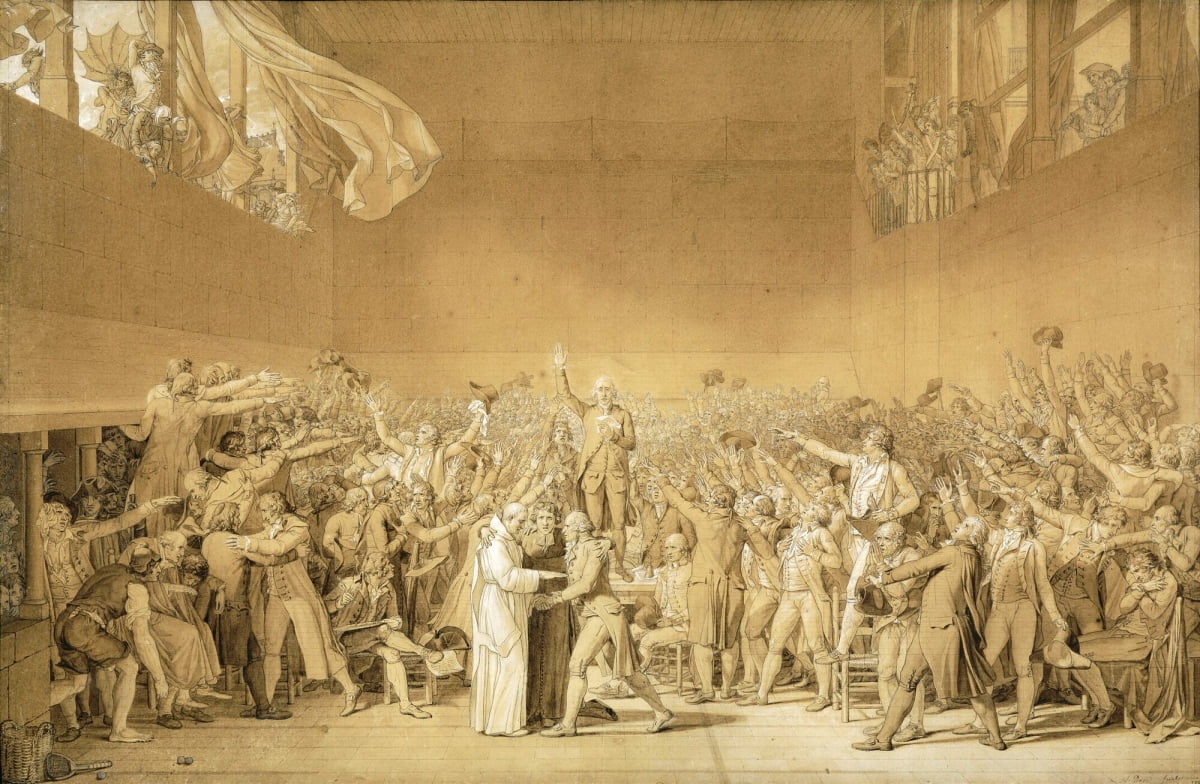 '테니스 코트의 선서'(1791). 이 작품은 프랑스 혁명을 촉발한 사건을 그린 밑그림 습작으로, 발표 당시 열광적인 환영을 받았지만 정치적 상황과 제작비 문제 때문에 유화로 완성되지 못했다. /베르사유궁전 소장
