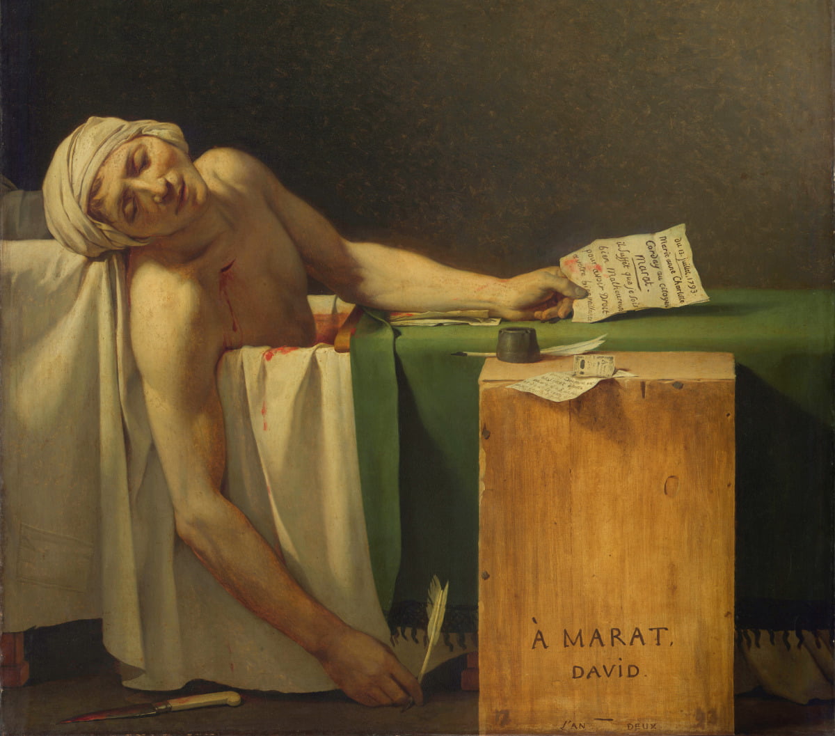 '마라의 죽음'(1793). '가장 정치적인 화가' 자크 루이 다비드가 그린 그림 중에서도 가장 정치적인 그림으로 꼽힌다. 화가의 친구이자 혁명 지도자인 장 폴 마라의 최후를 미화한 그림으로, 당시 프랑스인들의 심금을 울렸다. /벨기에 왕립미술관 소장