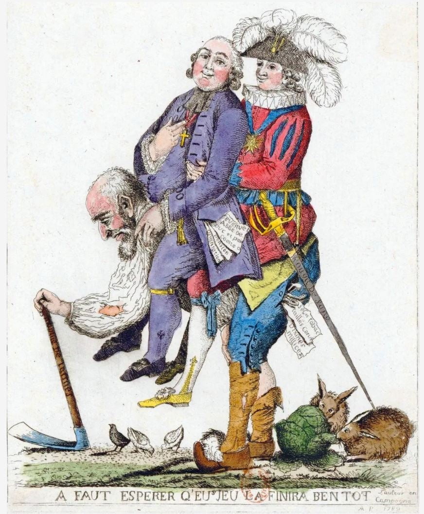프랑스 사회의 모순을 풍자한 1769년 만평. 세계사 교과서에도 자주 등장하는 그림이다. 귀족과 성직자에게 수탈당해 고난을 겪는 농민을 묘사했다. 다비드의 작품은 아니다. 