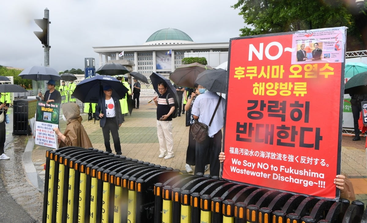 9일 오전 민주당 후쿠시마 원전 오염수 해양투기 저지대책위원회와 라파엘 그로시 국제원자력기구(IAEA) 사무총장의 면담이 열리는 서울 여의도 국회 앞에서 오염수 투기에 반대하는 시민단체 회원들이 시위를 하고 있다.  / 강은구 기자