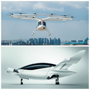 볼로콥터(위쪽)와 릴리움의 에어택시 기체. 각각 틸트(날개 회전)이 없는 멀티 로터와 팬 형태, 멀티 틸트 덕티드 팬을 특징으로 내세운다. 볼로콥터, 릴리움 제공