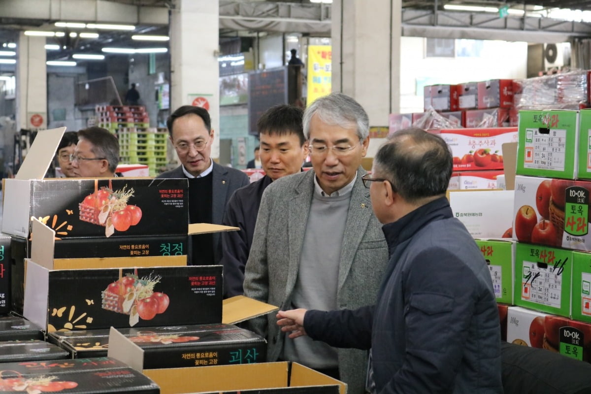 이석준 농협금융 회장이 지난 3월 경기 구리시 농협구리공판장을 찾아 상인들과 대화하고 있다. 농협금융 제공. 