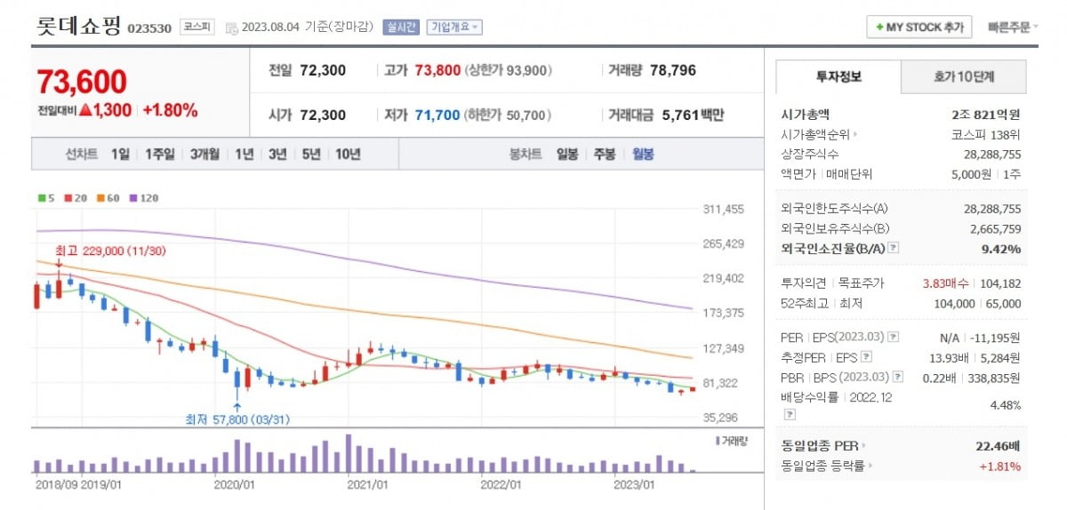 롯데쇼핑 주가 월봉 그래프 캡처.