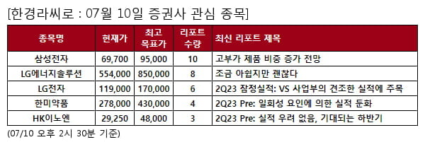 삼성전자,LG에너지솔루션,LG전자,한미약품,HK이노엔,호텔신라,이마트,SKC