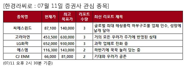 씨에스윈드,고려아연,LG화학,에스엠,CJ ENM,SKC,대우건설,HD한국조선해양,HD현대중공업,스튜디오드래곤,효성첨단소재,삼성카드,호텔신라,DL이앤씨,현대제철