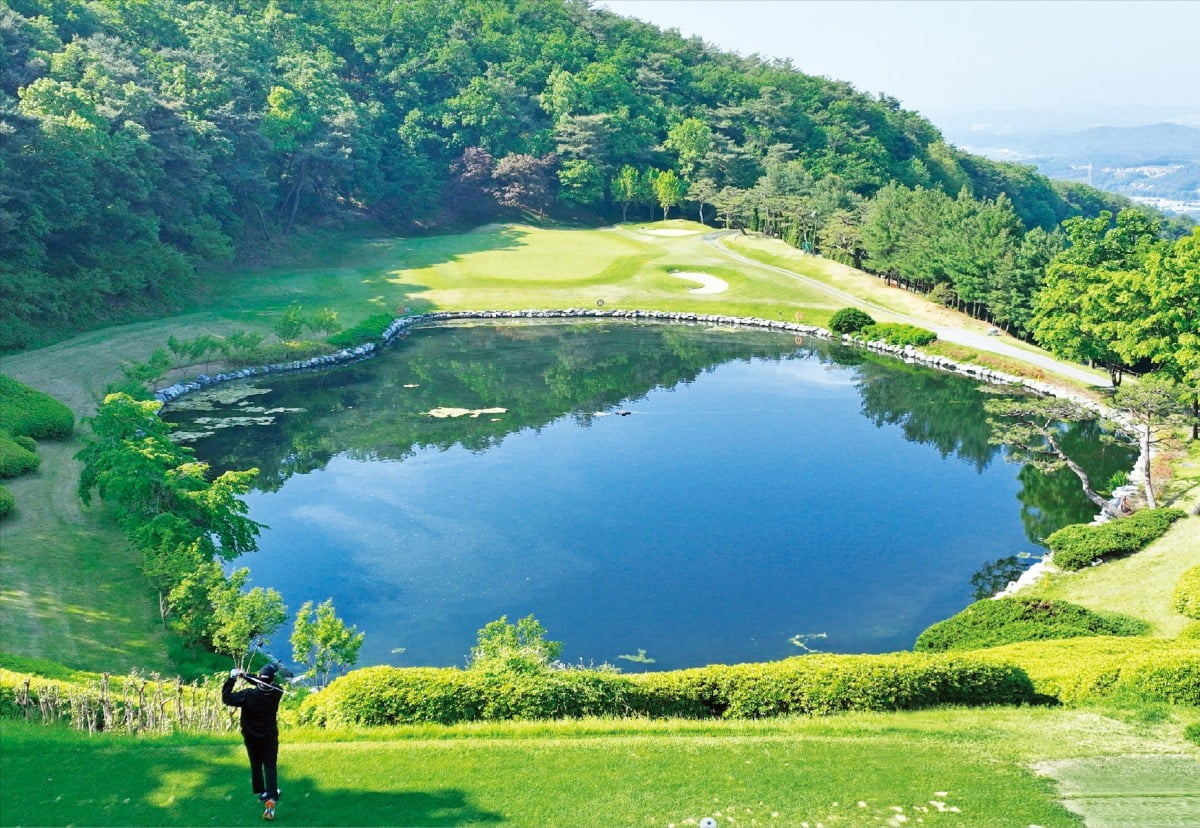 조희찬 한국경제신문 기자가 경기 여주 신라CC 남코스 5번홀(파3)에서 티샷하고 있다.  /여주=임대철 기자 