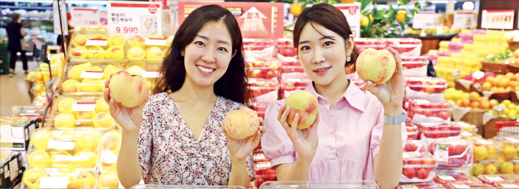  롯데마트 서울역점에서 복숭아를 홍보하고 있는 모델의 모습. 