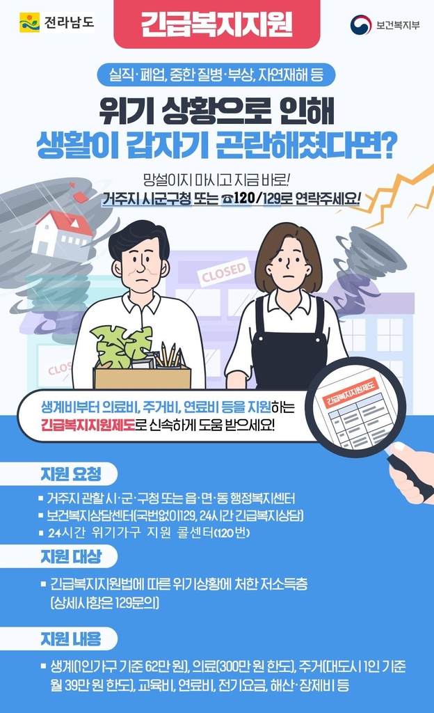 전남도 "재해 피해 저소득가구, 긴급복지 신청하세요"