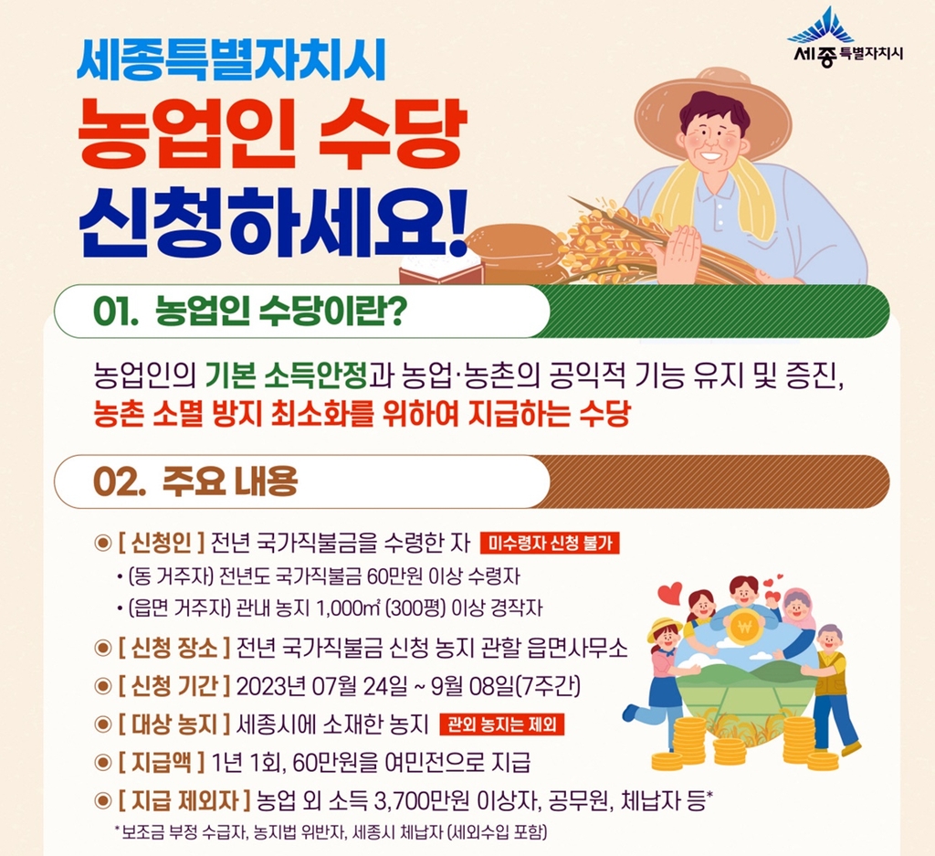 세종시, 농업인 수당 첫 지급…31일부터 9월 8일까지 신청 접수