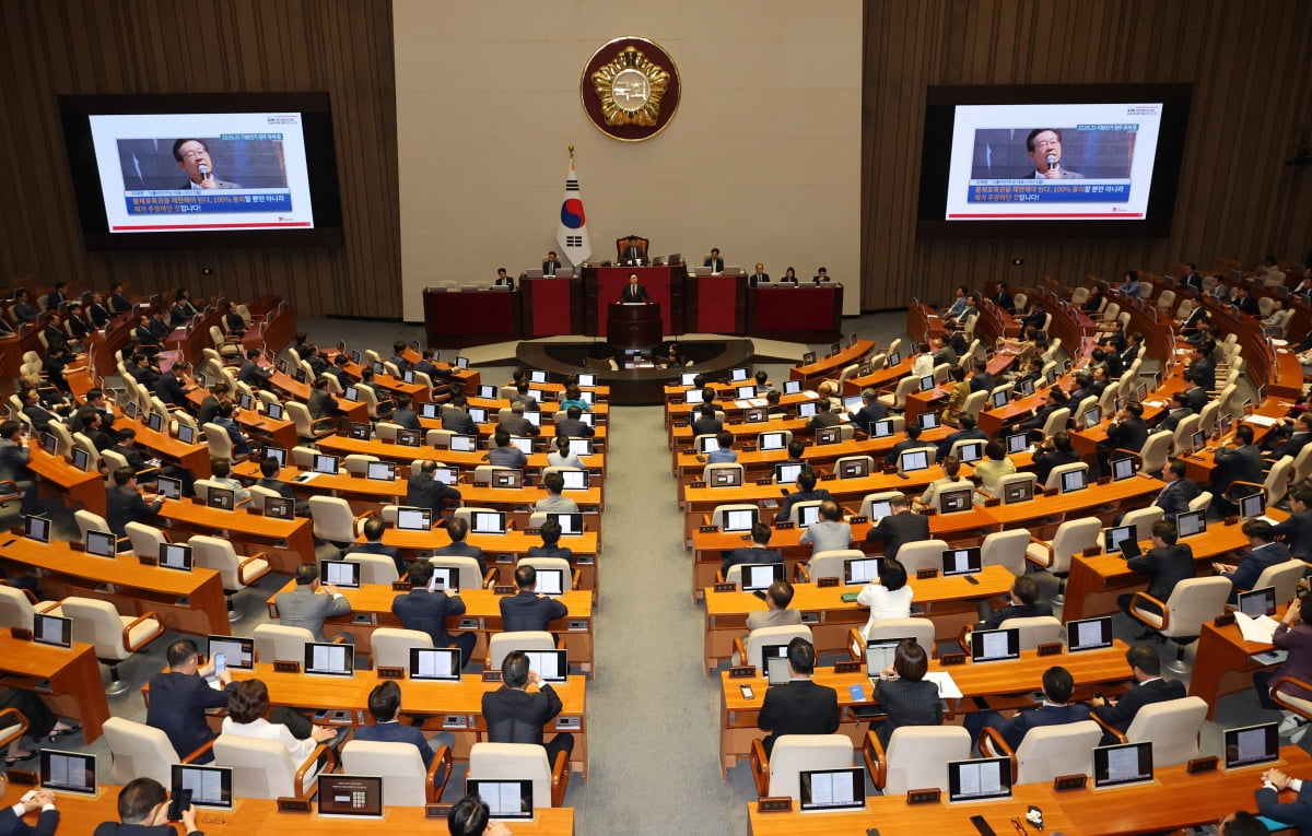 지난달 20일 국회에서 국민의힘 김기현 대표 교섭단체 연설 중 민주당 이재명 대표의 불체포특권 포기 관련 발언 기사가 화면에 나오고 있다/사진=연합뉴스