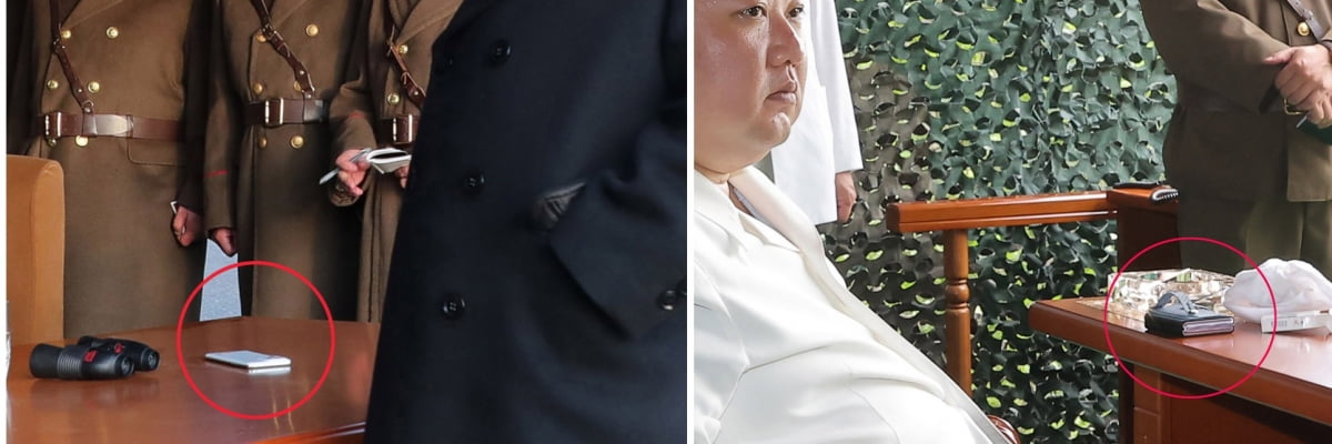 김정은 북한 국무위원장이 12일 신형 고체연료 대륙간탄도미사일(ICBM ) '화성-18형' 시험발사를 시찰한 현장에서 '폴더블 스마트폰'으로 추정되는 물체가 포착됐다(오른쪽 사진). 왼쪽 사진은 김 위원장이 지난 3월 9일 서부전선의 중요작전임무를 담당하고있는 화성포병부대의 화력습격훈련을 현지지도한 현장에서 포착된 흰색 일체형 스마트폰. /사진=조선중앙통신