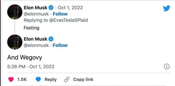 일론 머스크는 자신의 트위터를 통해 다이어트 방법에 대해 '단식과 위고비(Fasting and Wegovy')라고 답했다. /트위터 캡처