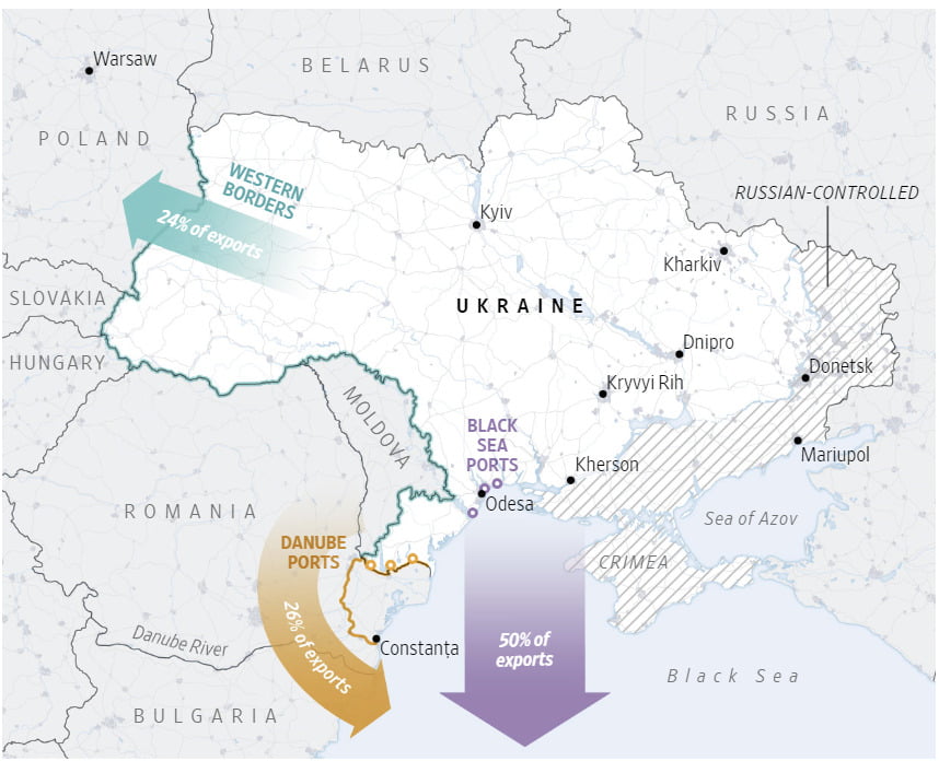 2022년7월~2023년7월 우크라이나의 곡물 수출 경로.  /사진=WSJ