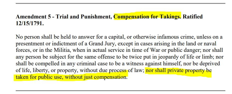 미국 수정헌법 제 5조. 적정한 보상(just compensation) 없이는 재산을 박탈당하지 아니할 권리를 명시하고 있다. 세계법제정보센터