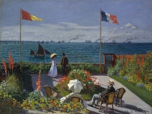 '생타드레스의 정원'(1867). 모네가 부모 곁에 있을 때 그린 작품이다. 사실주의 화풍이 남아있긴 하지만 빛에 대한 탐구가 돋보인다. 메트로폴리탄 박물관 소장