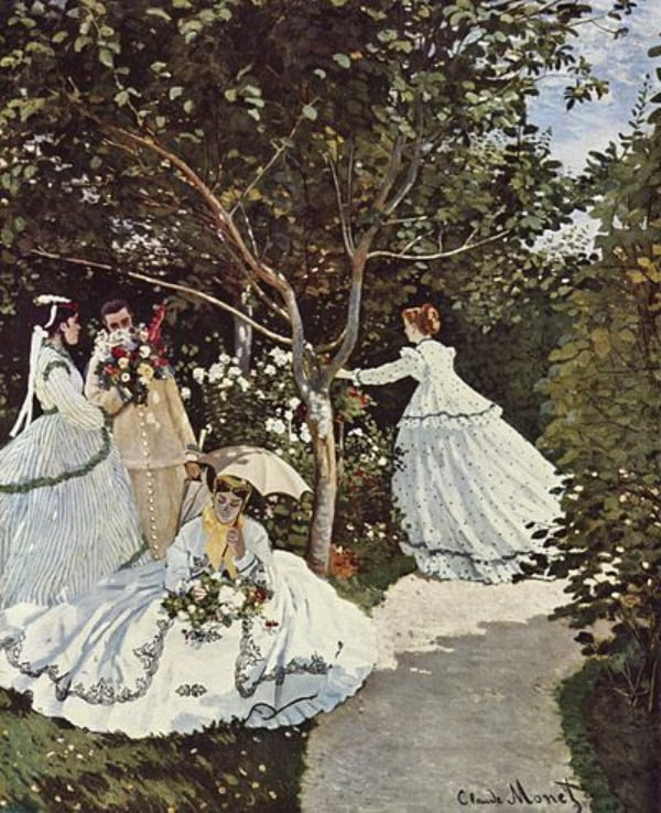'정원의 여인들'(1866). 그림 속 네 사람 모두 카미유가 모델이다. 이 그림을 위해 카미유는 아주 긴 시간동안 여러 포즈를 취하며 모델을 서 줬다. /오르셰미술관 소장