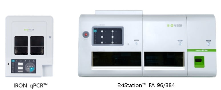 증상 기반 현장 분자진단장비 ‘IRON-qPCR’ 및 전자동 대량 분자진단장비인 ‘ExiStation FA 96/384’. 사진 제공=바이오니아
